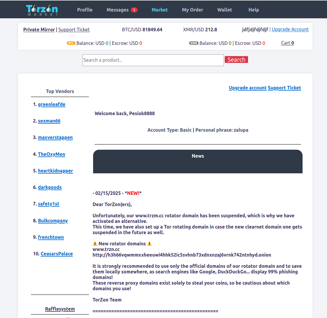 Torzon Market interface