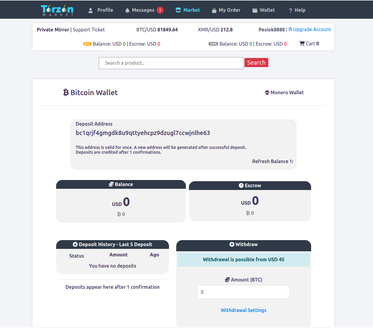 Torzon Market wallet interface showing cryptocurrency balances